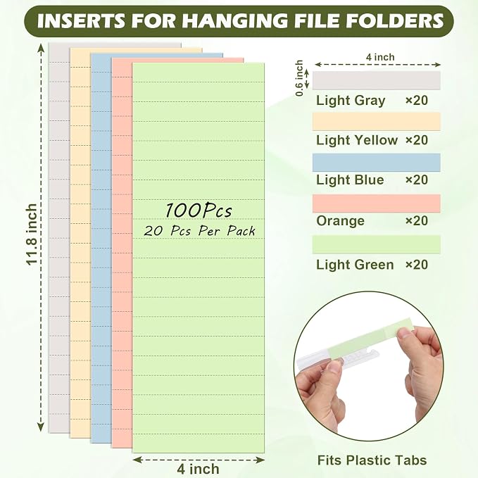 100 Pcs Hanging File Folder Tab Inserts 4 Inch Colored Blank File Tab Hanging - Image 2