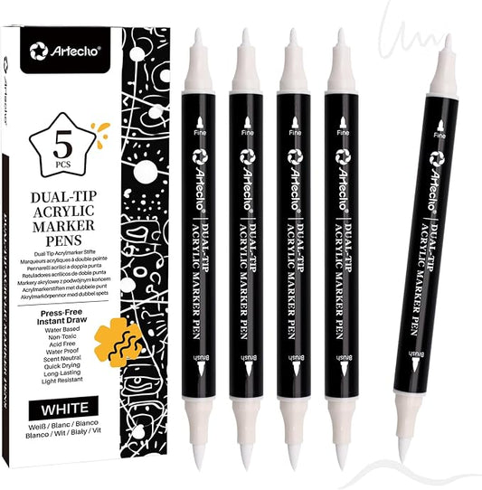Artecho Dual Tip Acrylic Paint Pen White 5pcs set-Fine Tip and Brush Tip by Artecho