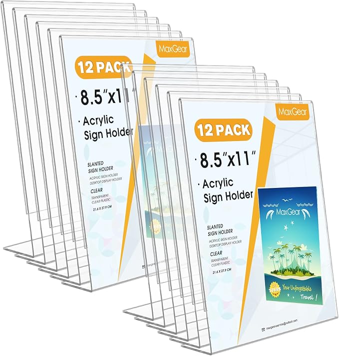 MaxGear Acrylic Sign Holder, 8.5 x 11 Slant Back Display Stand, 12 Pack | Clear by MaxGear
