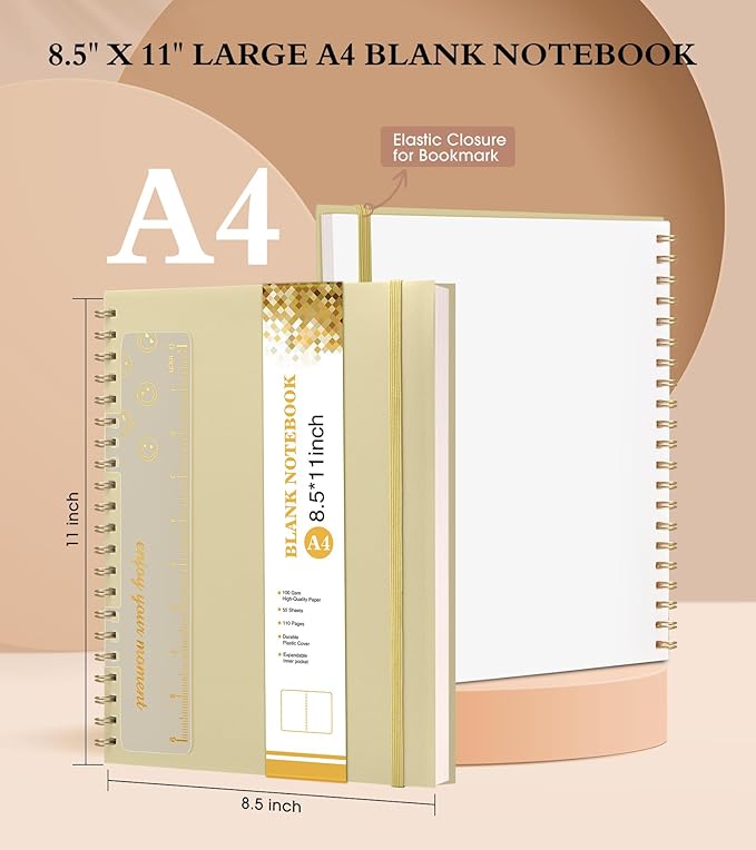 Blank Spiral Notebook Journal 8.5” x 11”, A4 Large Sketch Book for Women Men, 100 GSM Blank Paper Drawing Notebook, Plastic Hardcover Spiral Bound Sketchbook for Sketching Work School Writing, Yellow-DeskLoop Office