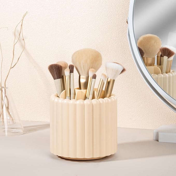 Anyoifax 360 Rotating Makeup Brush Holder 7 Slots Make Up Brush Organizer Removable Spinning Cosmetic Brushes Storage Pen Holder for Vanity, Dresser, Desk, Beige-DeskLoop Office