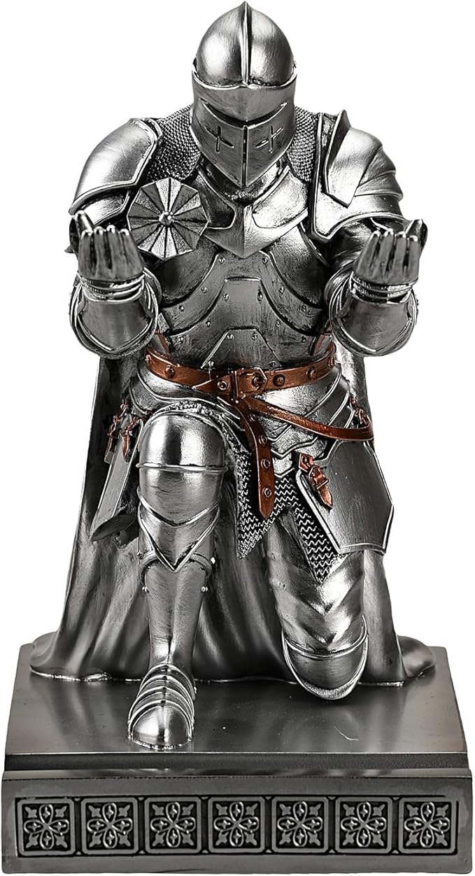 Medieval Armored Warrior Wearing Outerwear, Mobile Phone Stand Knight Pen Holder Desk Organizers, Resin Bookends Paperweight with a Letter Opener for Desk (Silver)-DeskLoop Office