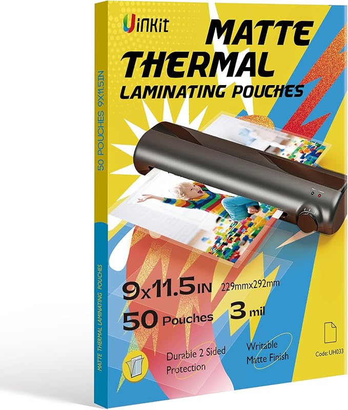 Uinkit Matte Thermal Laminating Pouches, 9 x 11.5 Inches 3 Mil Thick Clear Anti-Glare with Matte Finish 50 Pack Fitted for Letter Size Laminating Sheets 8.5 x 11-DeskLoop Office