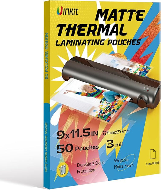 Uinkit Matte Thermal Laminating Pouches, 9 x 11.5 Inches 3 Mil Thick Clear Anti-Glare with Matte Finish 50 Pack Fitted for Letter Size Laminating Sheets 8.5 x 11-DeskLoop Office