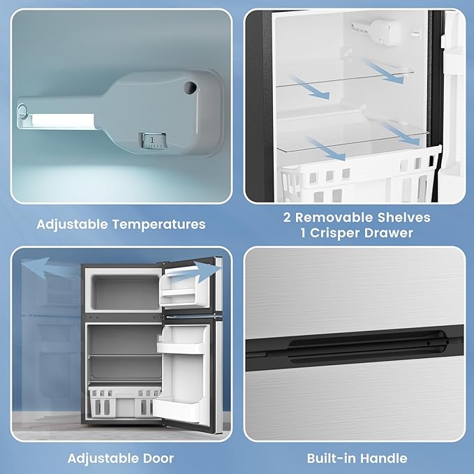 3.1 Cu.Ft Mini Fridge with Freezer, 2 Door Compact Refrigerator, Mini Fridge with Adjustable Removable Glass Shelves for Bedroom, Office, Dorm or Apartment, Stainless Steel-DeskLoop Office
