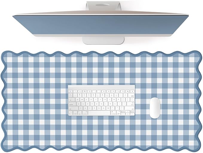 Scalloped‌ Blue Checkered Gingham Desk Mat Cute Pastel XXL Large Gaming Mouse by Unknown