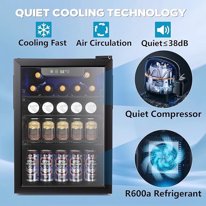 26 Bottle Wine Cooler, 95 Cans Beverage Refrigerator, 2.6 cu.ft Drink Fridge Digital Temperature Control for Beer, Soda,Water, Drink Cooler for Home Office Bar-DeskLoop Office