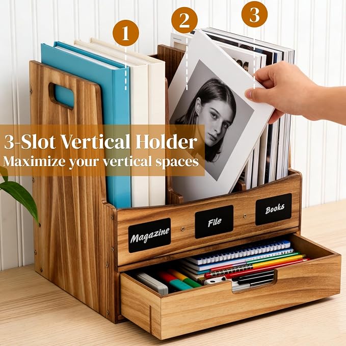 Wood Desk File Organizer, 3-Section Vertical File Holder - Image 6