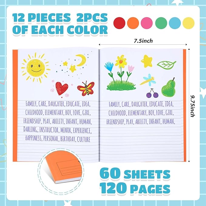 Henoyso 12 Pcs 120 Pages Primary Composition Notebooks K-2 9 3/4 x 7 1/2 Inch Journals Primary Journals Blank Books for Kids to Write Stories Kindergarten (Colorful)-DeskLoop Office