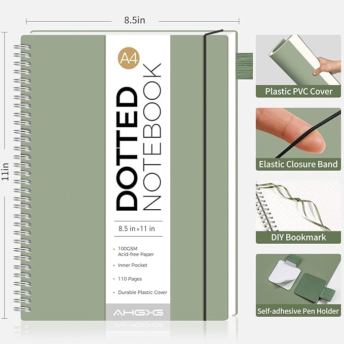 AHGXG Bullet Dotted Journal - Dot Grid Spiral Notebook 8.5" x 11", A4 Large Dotted Notebook, 100 GSM Thick Paper, Waterproof Plastic Cover Journals for Bullet Journaling, Sketching, Sage Green-DeskLoop Office