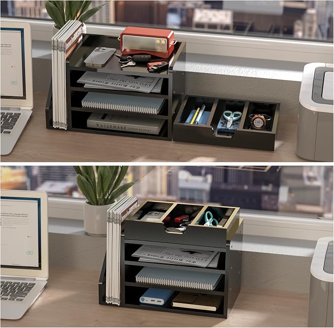 Multi-Tier Wood Desk File Organizer, 3 Tray Shelves & Adjustable Drawer - Image 2
