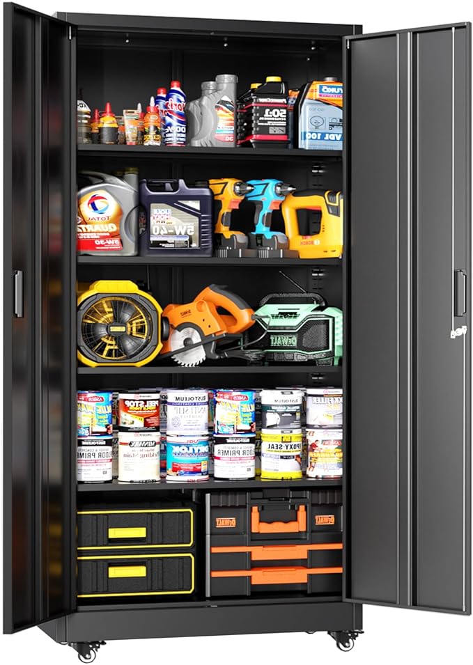 Greenvelly 74" Metal Storage Cabinet with Wheels, Lockable Rolling Metal Garage Cabinets with 2 Doors and 4 Adjustable Shelves, Rolling Tool Cabinet for Garage, Home Office, School-DeskLoop Office
