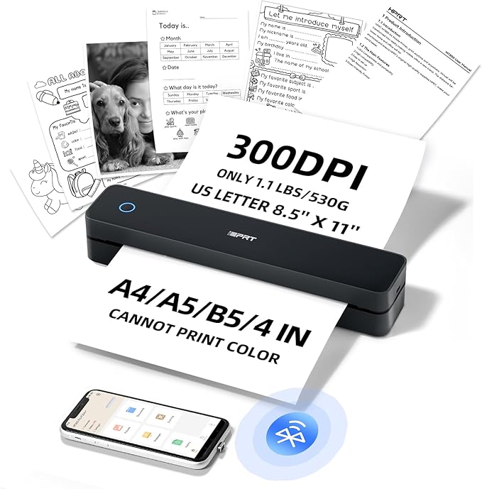 iDPRT Portable-Printer Wireless for Travel, 300DPI Inkless-Thermal-Small-Printer for Home Use, Office, Vehicles, Mobile Bluetooth Printers Supports 8.5" x 11" US Letter&A4&A5 Size, for Phone & PC-DeskLoop Office