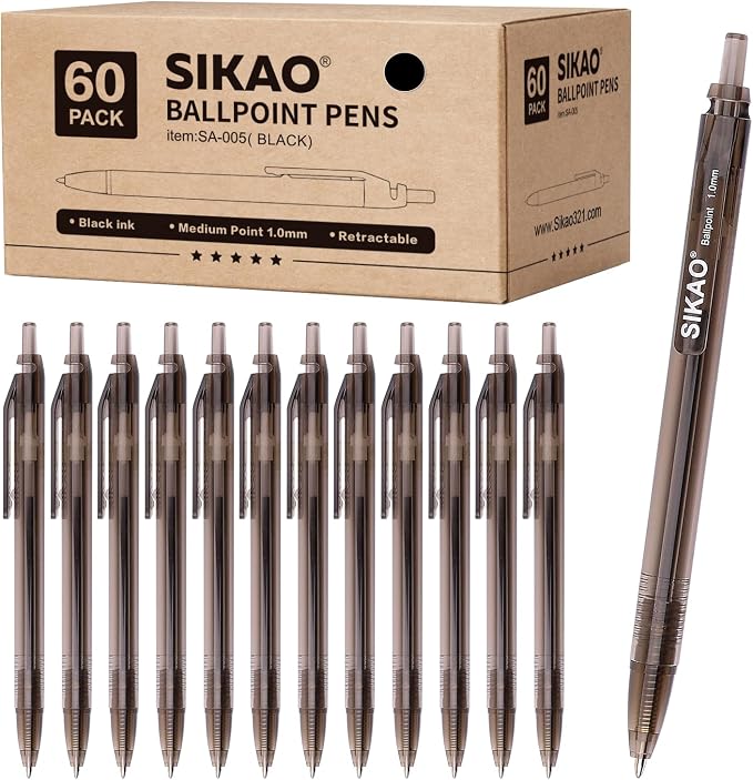 Black Pens Bulk 60 Pack –Smooth Writing 1.0mm Click Black Ballpoint Pens by Sikao