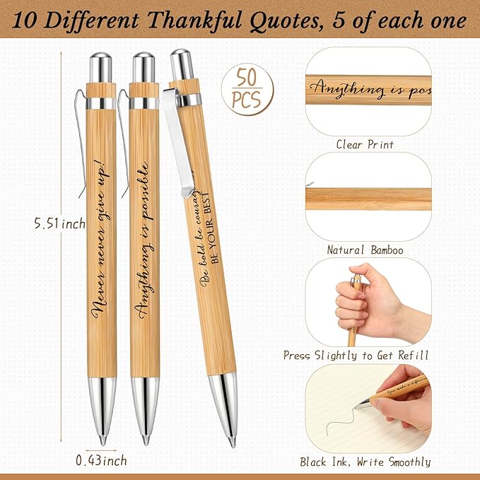 Fulmoon 200 Pcs Employee Appreciation Gifts Bulk Inspirational Bamboo Pens Motivational Thank You Wood Writing Ballpoint Pens for Coworkers Team Staff Leadership Teacher Student Back to School Gifts