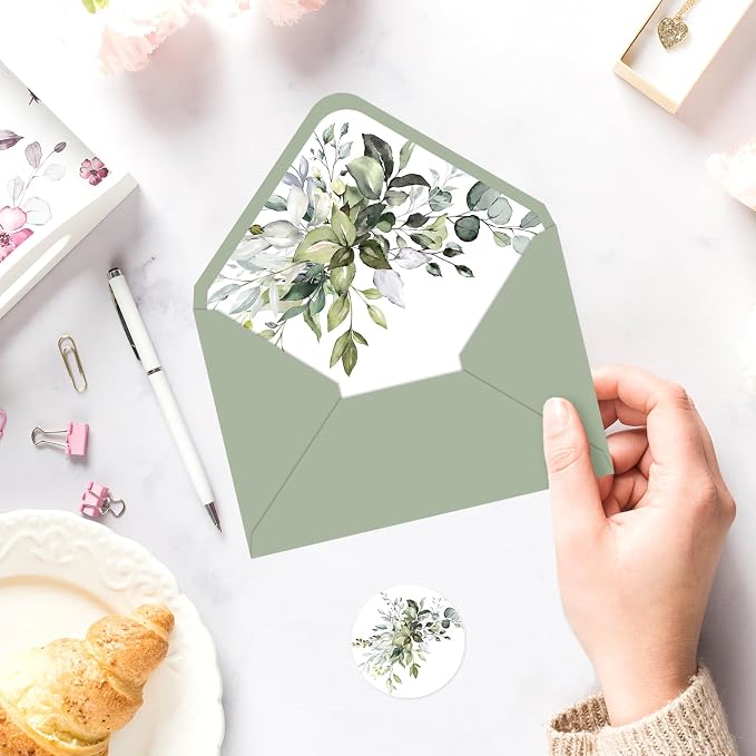 Whaline 50Pcs Greenery Envelopes 5 x 7 Inch Watercolor Sage Green Eucalyptus - Image 6