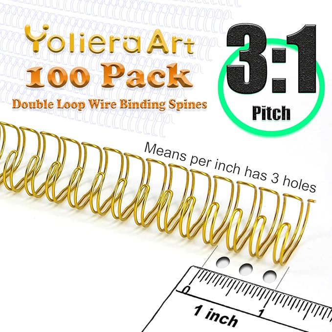 1/2 Inch Wire Cinch Book Binding Gold 3:1 Pitch, 100 Pack Double Loop Metal Spiral for Bindings Fit for School Office Notebook Maker, YolieraArt Office Products Binding Combs 100 Sheet Capacity-DeskLoop Office