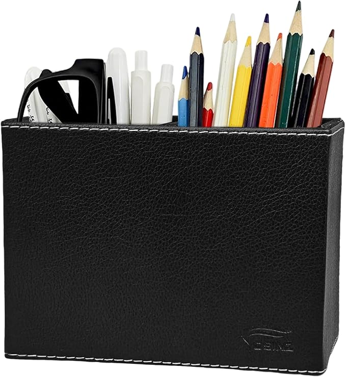 Black Pen Holder, Double Slots Leather Pencil Holder, Elegant Pen Holder by Fosinz