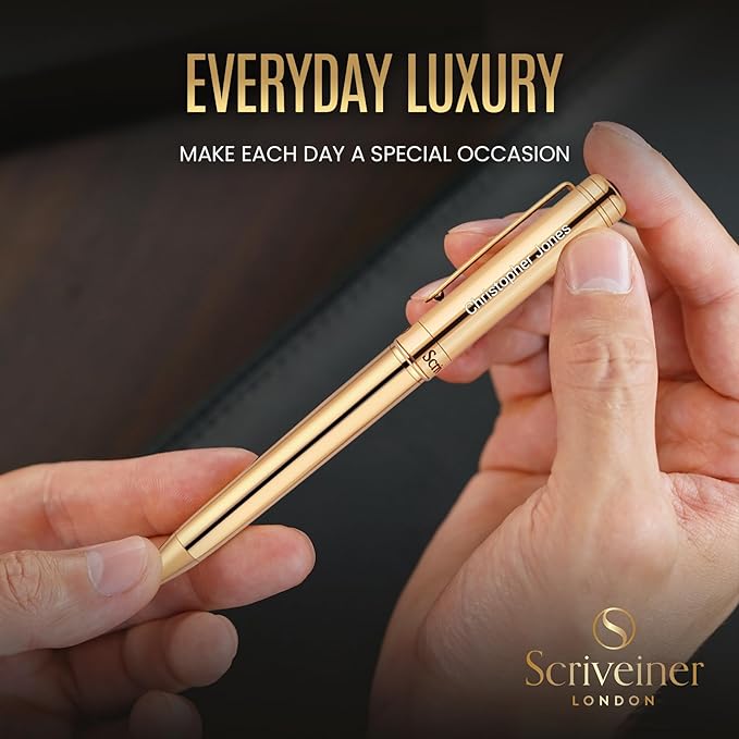 Scriveiner Personalized Gold Ballpoint Pen - Stunning Luxury Pen, Real Gold Plating, Schmidt Ink Refill, Best Engraved Ball Point Gift Set for Men & Women, Custom Name Engraving-DeskLoop Office