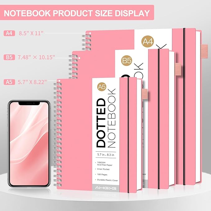 AHGXG Bullet Dotted Journal - Dot Grid Spiral Notebook 8.5" x 11", A4 Large Dotted Notebook, 100 GSM Thick Paper, Waterproof Plastic Cover Journals for Bullet Journaling, Sketching, Pink-DeskLoop Office
