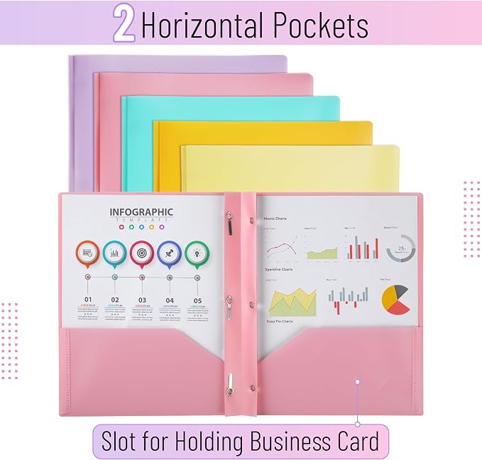 Mr. Pen- Plastic Folders with Pockets and Prongs, 5 Pack, Letter Size | Macaron - Image 3
