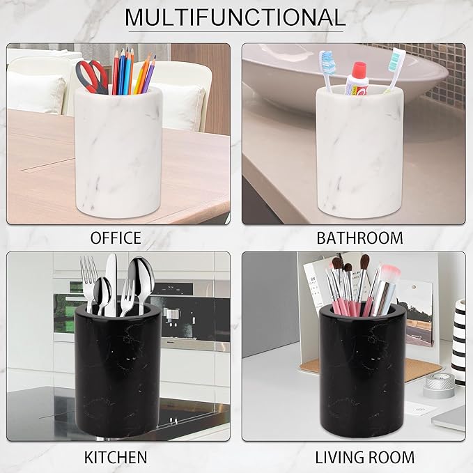 WORHE Natural Marble Pen Holder, Stylish Stone Caddy for Desk, Multi-Purpose Makeup Brush and Office Supply Storage Organizer, Desks Accessory Toothbrush Cup for Home School Black (DL003)-DeskLoop Office