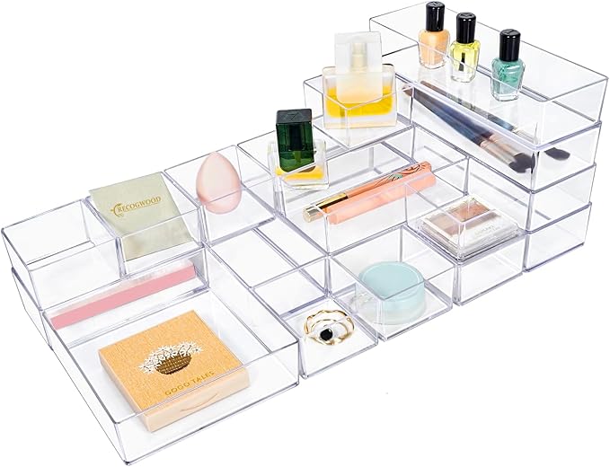 Stackable Acrylic Drawer Organizer Set, 18 PCS Multi-Size Storage Bins for Makeup, Office Desk, Bathroom, Vanity and Kitchen Utensils-DeskLoop Office