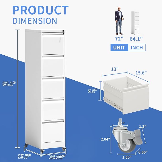 5 Drawer Mobile File Cabinet, Filing Cabinet Home Office for Letter, Legal Size, White-DeskLoop Office