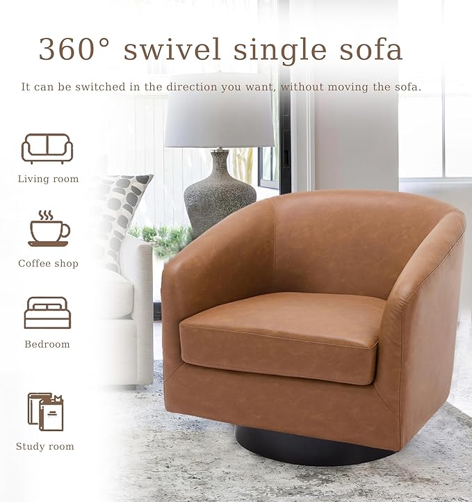 UIXE Faux Leather Swivel Accent Chair with Wood Base, Modern Upholstered Barrel Chairs for Living Room, Comfy Round Armchair Single Sofa Bedroom Reading Seat - 31" W, Brown-DeskLoop Office