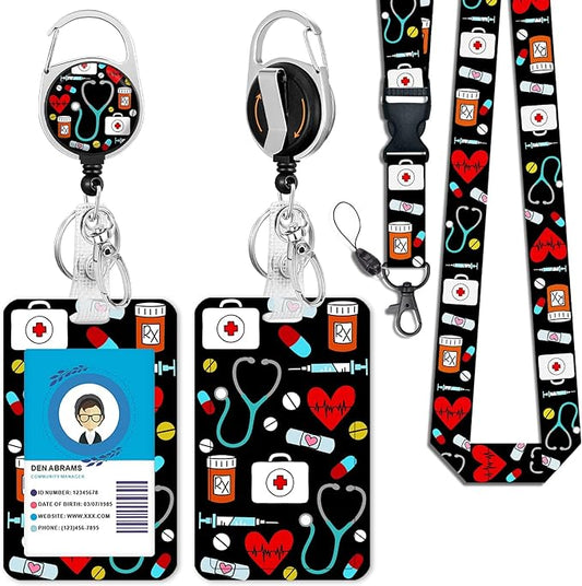 ID Badge Holder with Lanyard, Retractable Badge Reel Name Tag, Cute Funny Nurse by Giancomics