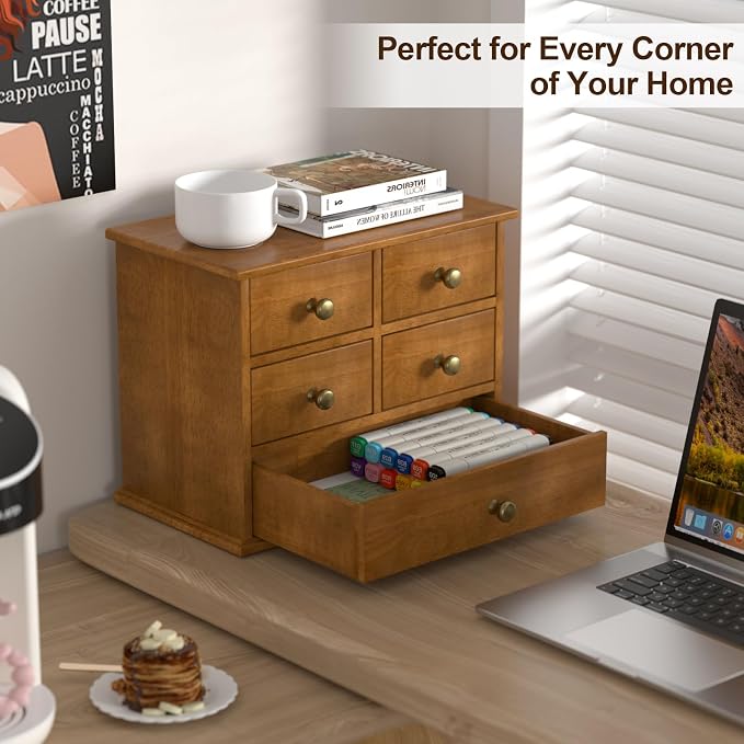 Oak Desk Organizer with Drawers, Durable Wooden Desktop Storage Box with Metal - Image 4