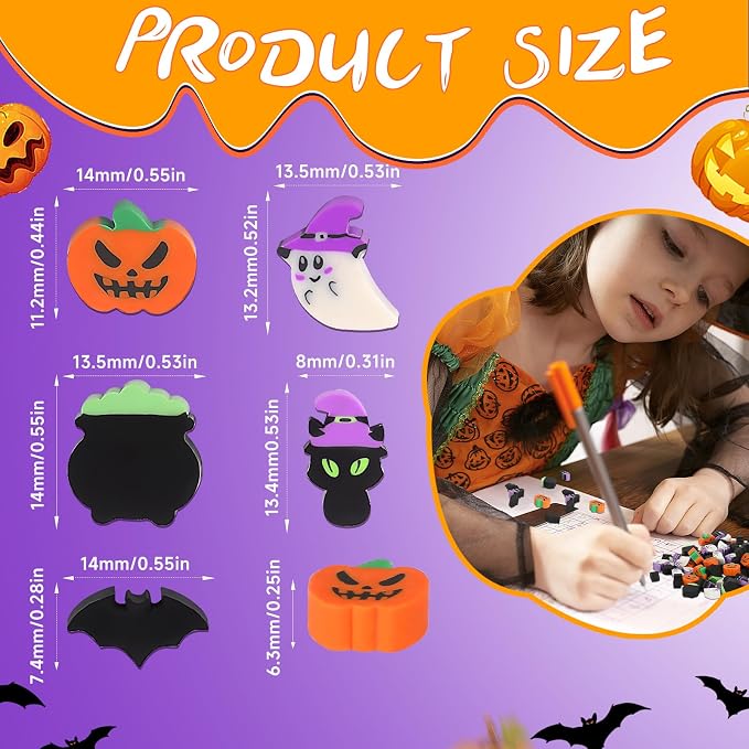 JUNEBRUSHS 150 Pcs Halloween Mini Erasers, Cute Small Erasers Bulk | Halloween - Image 2