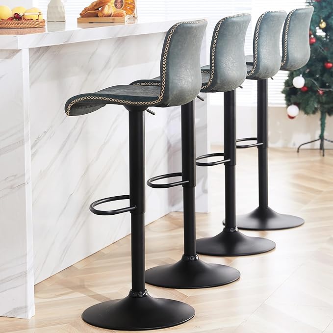 HeuGah Bar Stools Set of 4, Swivel Counter Height Barstools with Back, Adjustable Height 24" to 32", Faux Leather Bar Chairs for Kitchen Island (Deep Teal, Set of 4 (24'' to 32''))-DeskLoop Office