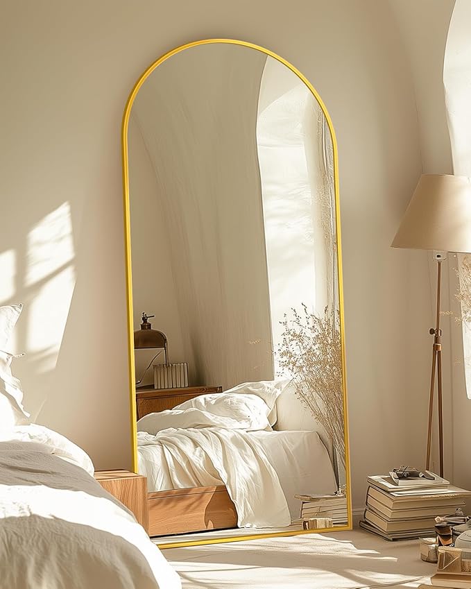 Full-Length Floor Mirror with Stand, 58"x21" Arched Style Full Body Standing Mirror for Bedroom, Living Room, Gym, Dorm - Shatter-Resistant & Easy Assembly, Gold-DeskLoop Office