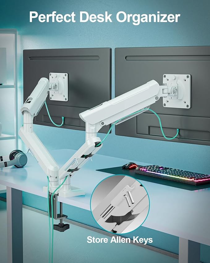 Dual Monitor Mount for 2 Monitors up to 32 inches, Height Adjustable Gas Spring Double Monitor Stand, Two Display Desk Mount Holder, Each Monitor Arm Holds Max 22lbs, VESA Mount, White, Freelift Pro-DeskLoop Office