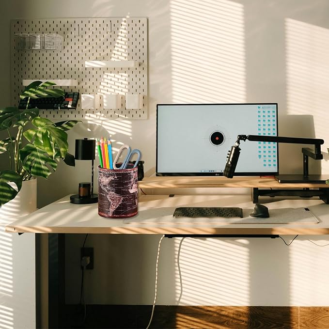 Black World Map Pencil Holder for Desk, PU leather Pencil Cup, Globe Pen Holder for Desk Office Supply Organizer PH46-DeskLoop Office