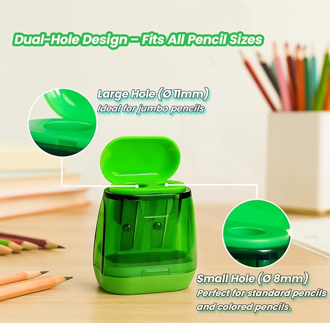 Pencil Sharpener Set – 4 Dual Hole Manual Sharpeners + 4 Pencil Top Erasers - Image 2