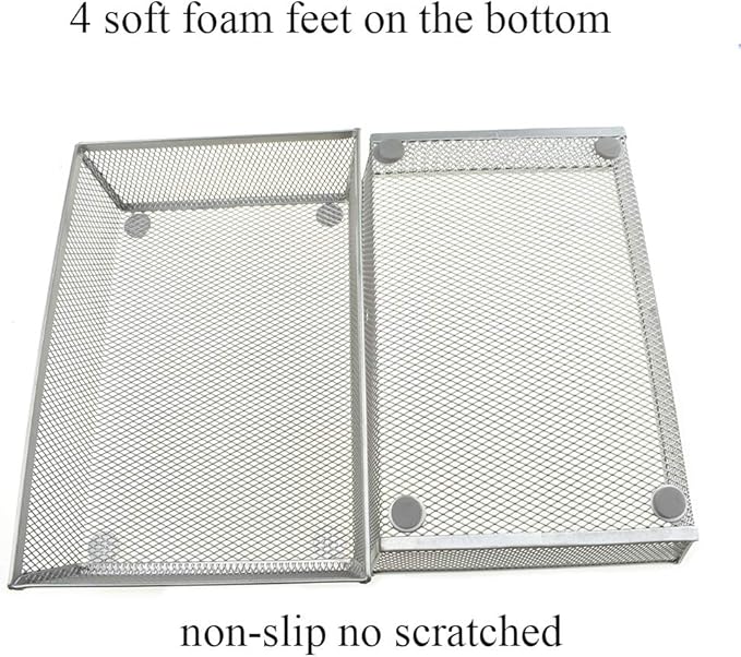 HAHIYO Stackable Mesh Tray Cup 9 x 6 x 2 inches Sturdy Container for Desk Drawer Organizer Collection for Home Office School kitchen Soft Foam Feet No Sharp Edges 1 Pack Silver-DeskLoop Office