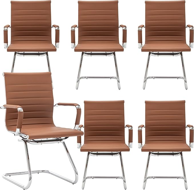 Office Desk Chair Set of 6,No Wheels PU Leather Computer Chairs Mid Back Guest Chairs with Seld Base for School/Reception/Conference/Waiting Room,Cafe-DeskLoop Office