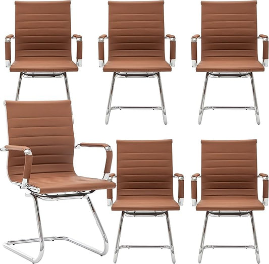 Office Desk Chair Set of 6,No Wheels PU Leather Computer Chairs Mid Back Guest Chairs with Seld Base for School/Reception/Conference/Waiting Room,Cafe-DeskLoop Office