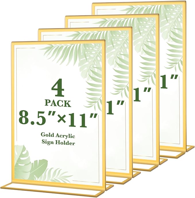 4 Pack 8.5x11 Inch Gold Acrylic Sign Holders, Double Sided Vertical Stand Clear by ALFFUN