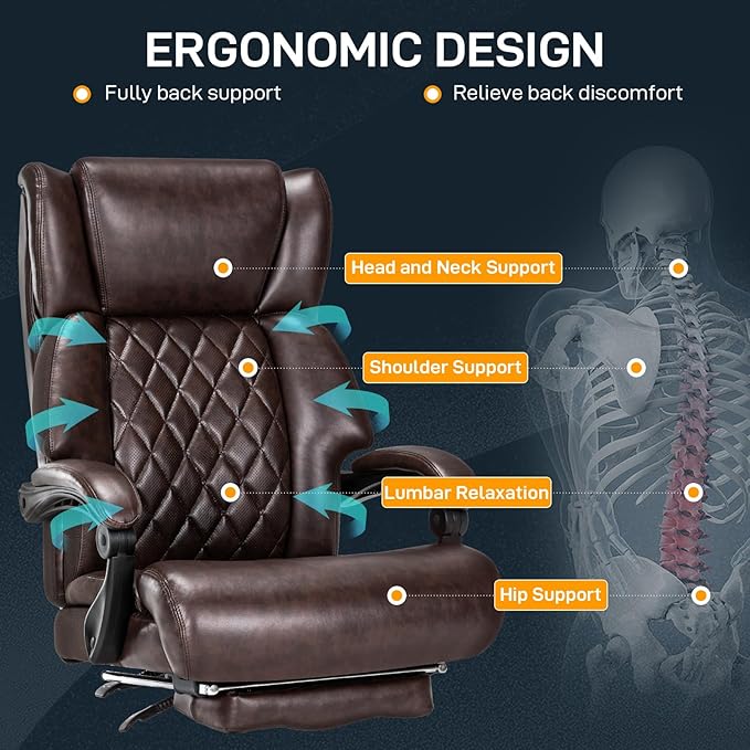 500 LBS Big and Tall Office Chair with Foot Rest High Back Recline Ergonomic Chair for Heavy People, Executive Office Chair Comfortable for Home Office, Large Computer Desk Chair Brown-DeskLoop Office