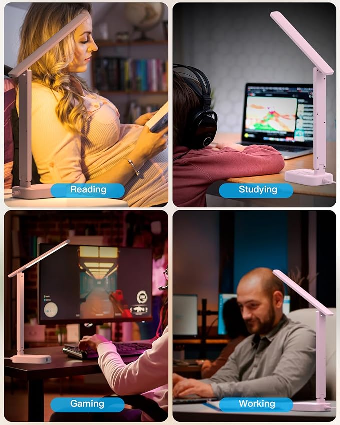 Dorm Room Essentials for Girls, Pink Power Strip with LED Desk Lamp, 3 Outlets 4 USB Ports, 4 Modes 5 Level Touch Lamp Small Desk Lamp for Home Office Bedroom Study Reading Light, 5ft Extension Cord-DeskLoop Office