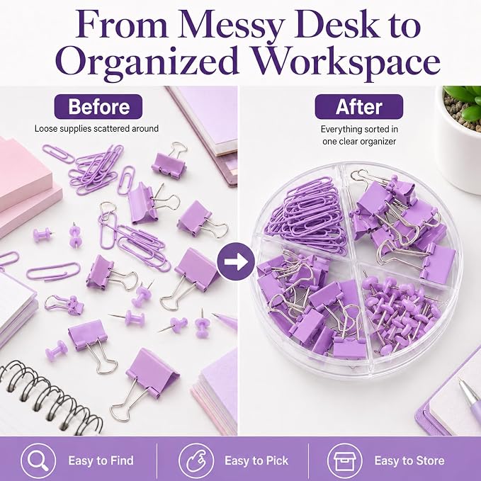 Purple Binder Clips and Paper Clips Push Pins Tacks Sets, Total 72 PCS Assorted - Image 7