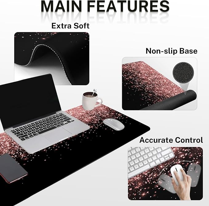 Britimes Rose Gold Pink Keyboard Mouse Pad Set Black Golden 4in1 Large - Image 5