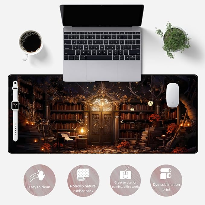Vintage Desk Pad Magical Bookshelf Desk Mat Extra Large Big Office Mouse Pad Gaming with Stitched Edges Large Mousepad Home Office Gaming Work Computers Laptop Desk Accessories 31.5x11.8in-DeskLoop Office