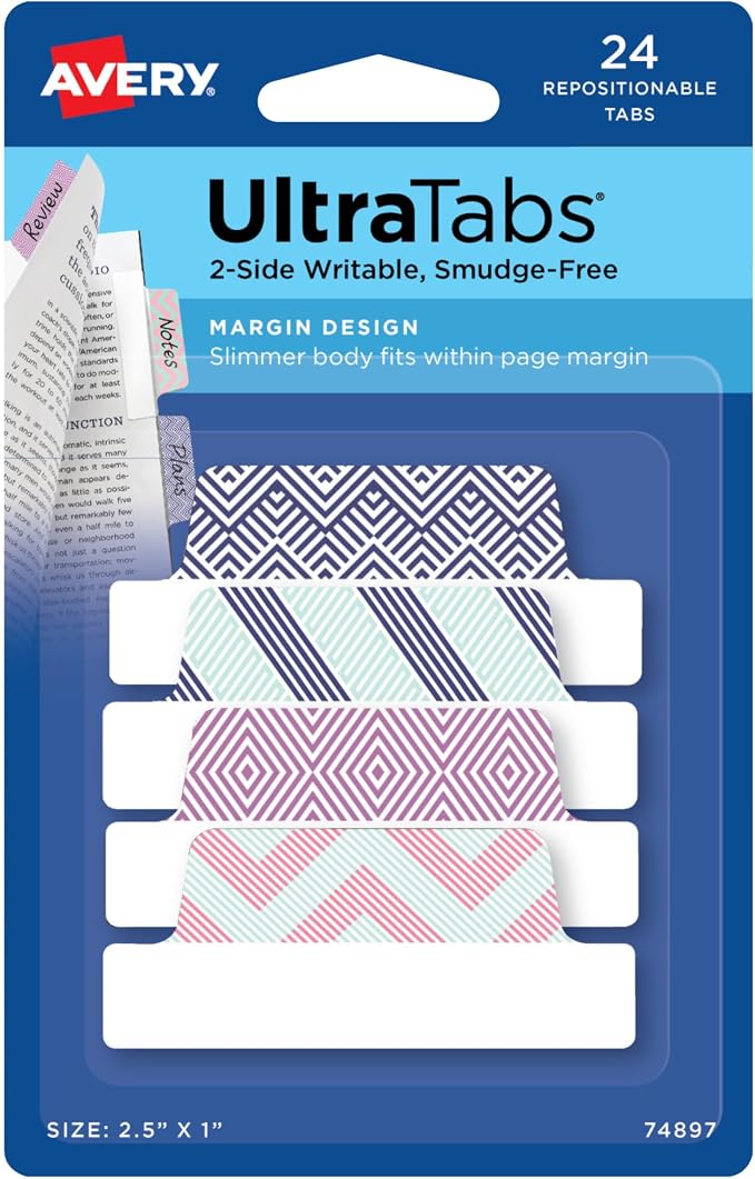Avery Margin Ultra Tabs, 2.5" x 1", 24 Repositionable Page Tabs by Avery