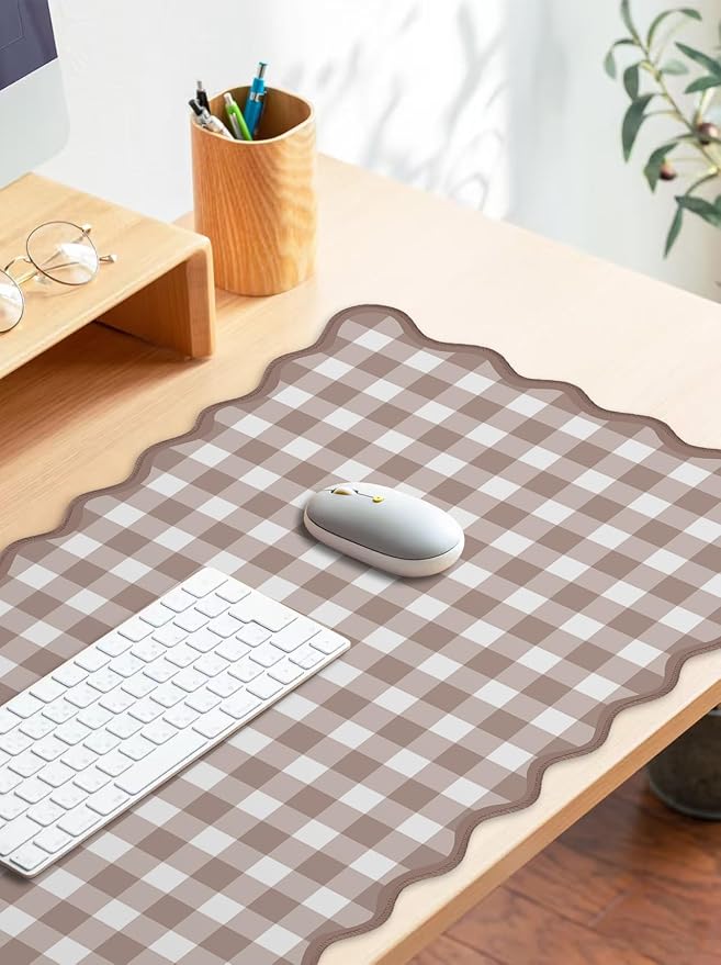 Scalloped‌ Checkered Desk Mat Cute Brown Gingham XXL Large Gaming Mouse Pad - Image 3