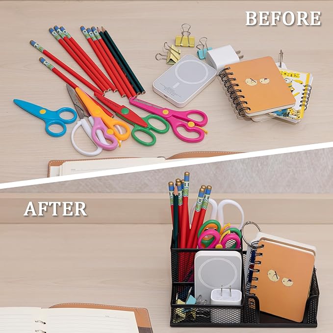 Pen Holder Mesh Metal Pencil Holder Desk Organizers Black for Desk Office with 3 Compartments Pencil Holders,Desktop Storage Caddy Organization,Suitable for School, Home,Black-DeskLoop Office