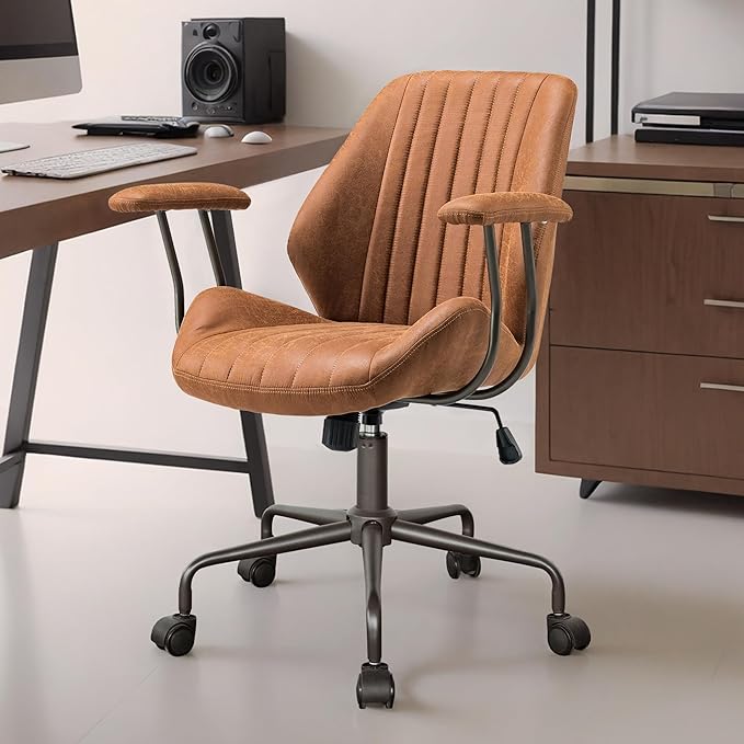 Mid Century Modren Office Chair - Mid Back Swivel Executive Chair with Lumbar Support,Ergonomic Computer Desk Chair with Wheels,Faux Lether Suede Task Chair,350lbs (Brown, Mid Back)-DeskLoop Office